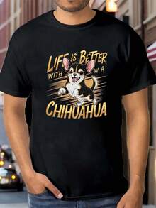 Camiseta de Talla Grande con Estampado de Chihuahua, Camiseta Casual Cómoda para Hombres, Top de Manga Corta Casual para Grandes y Altos - Negro - Ver 1