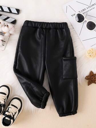 婴幼儿厚款柔软弹力腰休闲时尚可爱保暖卷边裤，针织厚面料，纯色实用款式，适合秋冬季户外穿着