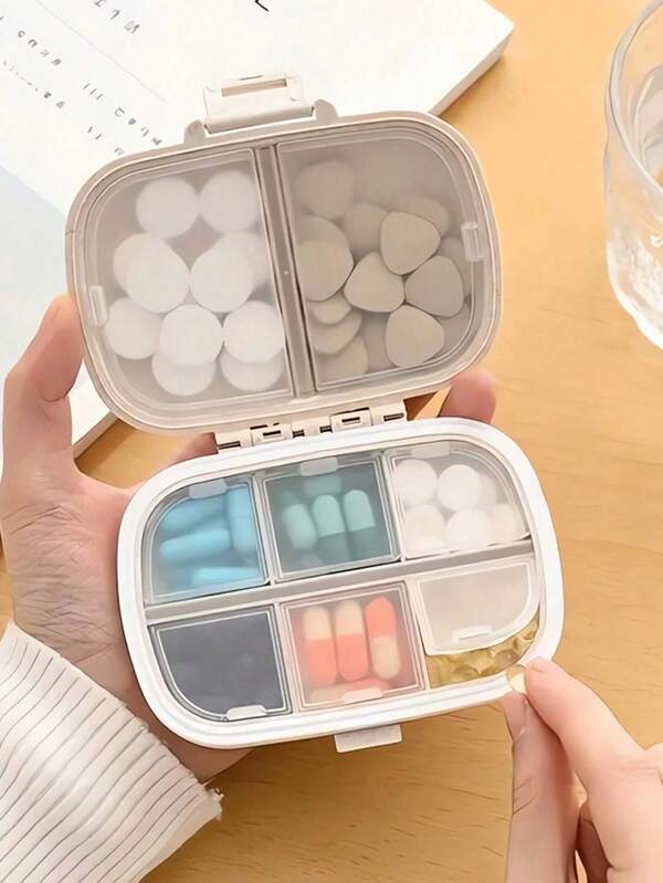 1pc Portable Travel Pill Organizer - 8 Compartment Pill Box, Pill Storage Container, Weekly Pill Case, Medication Dispenser, For Vitamins And Capsules, Ideal For Travel, Camping, Hiking, Fishing, Outdoor Activities, Compact Sealed Pill Box, Mini Portable Pill Organizer, Travel Essentials, Back To School, First Aid Medicine Storage, Travel Medicine Box