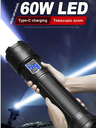 Super Bright High Power LED Flashlight New Powerful Large Capacity Large Flashlight Ultra-Long-Range Lighting Flashlight With Power Display USB Charging High Power Spotlight Black Aluminum Alloy Outdoor Work Portable Camping Lantern Household Farm Emergency Light