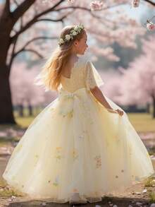 Tween-Mädchen Spitzenkleid mit kurzen Ärmeln, Stickerei und Mesh, elegantes rückenfreies Abendkleid, geeignet für Geburtstagsfeiern und Aufführungen, ohne Haarzubehör - Champagnerfarben - Übersicht 1