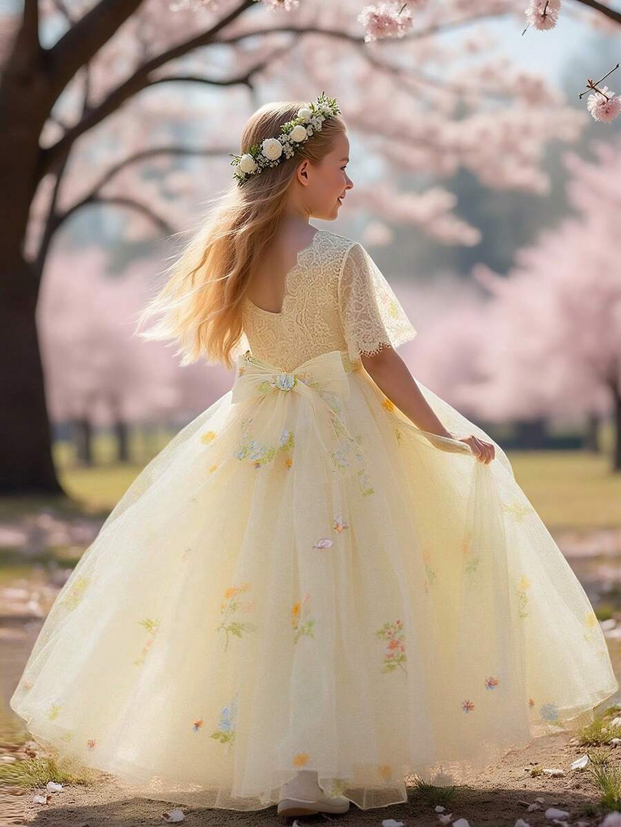 Tween-Mädchen Spitzenkleid mit kurzen Ärmeln, Stickerei und Mesh, elegantes rückenfreies Abendkleid, geeignet für Geburtstagsfeiern und Aufführungen, ohne Haarzubehör - Champagnerfarben - Übersicht 1