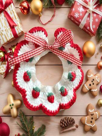 Collar de mascota de fresa de punto hecho a mano, con encaje lindo, regalo de Navidad para gatos y perros