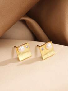 1 Pair S925 Sterling Silver Earrings With Natural Freshwater Pearl And Diamond, Minimalist Design, Suitable For Daily Wear, Elegant Gift For Mother, Girlfriend - Gold - View 4