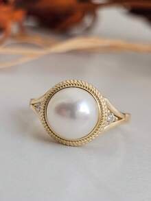1 chiếc nhẫn cưới nữ, nhẫn ngọc trai giả và đá cubic zirconia tổng hợp tinh tế, món trang sức lãng mạn dành cho cô dâu, lễ đính hôn và tiệc tùng. - Thời trang - Xem 2