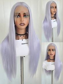 websterwigs Tóc giả tổng hợp thẳng tự nhiên màu tím khoai môn và xám bạc Halloween 13x4, sợi chịu nhiệt chất lượng cao, bộ tóc giả đầy đủ cho nữ - Nhiều màu - Xem 4