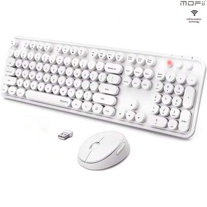  MOFII Ergonomic 2.4Ghz Plug And Play Wireless Keyboard Mouse Combo For PC/Laptop/Desktop,104Keys Full Size Retro Round Keycap Typewrite Keyboard With Wireless Optical Mouse-White