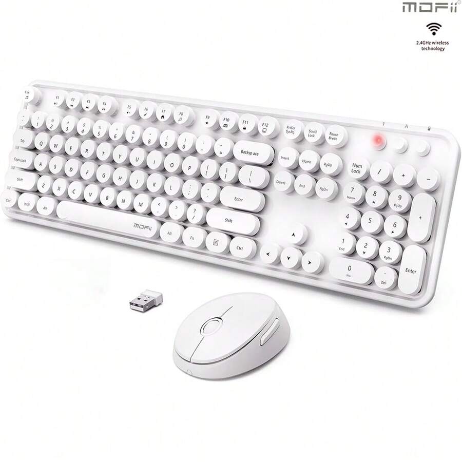 MOFII Ergonomic 2.4Ghz Plug And Play Wireless Keyboard Mouse Combo For PC/Laptop/Desktop,104Keys Full Size Retro Round Keycap Typewrite Keyboard With Wireless Optical Mouse-White - White - View 1