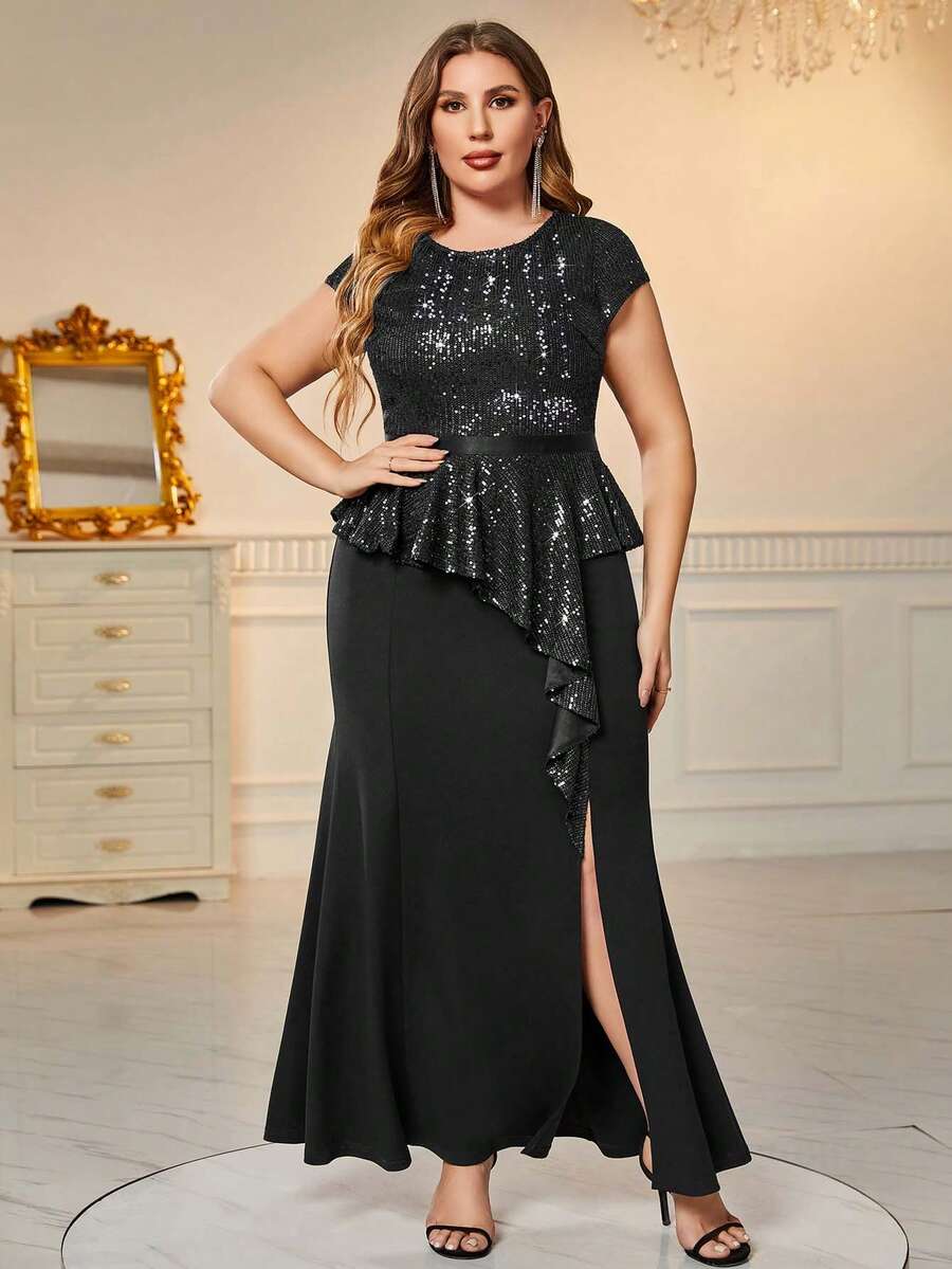 Plus Sequin Contrast Split Thigh Mermaid Hem Formal Party Dress For Wedding Guest, Birthday, Graduation, Homecoming - 黑色 - 查看 1