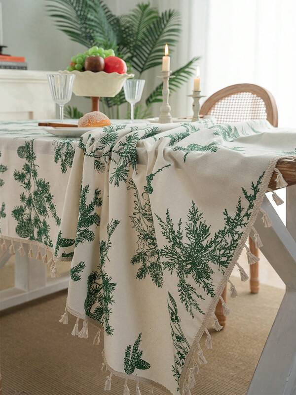 MeijiaMo 1pc Green Pine Tree & Magpie Print Rectangular Tablecloth, Bohemian Beige Tassel Home Decor Table Cover Dust-Proof Mat For Dining Room, Kitchen, Hotel, Party, Bedroom, Outdoor, Holiday Decoration