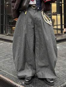 INCERUN Mens High Waist Zipper Striped Casual Loose Wide Leg Trousers Long Harem Pants Bottoms - 黑色 - 查看 3