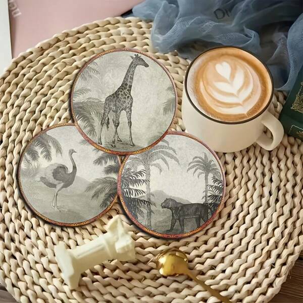 Set von 4 Vintage Wald Elefant und Giraffe Tier Thema Holz Untersetzer - Hitzebeständig, rutschfest - geeignet für Kaffee, Tee und Getränke - ideal für Zuhause und Büro Dekoration, perfekt für Fans und eine ideale Wahl für Urlaubsgeschenke
