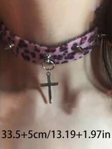 1pc Personalized Cross Purple Plush Leopard Print Collar Fashionable Style Mixed Material Multi-Color Women's Collar Necklace Suitable For Parties, Gatherings, Outings And Fashionable Wear - 彩色 - 查看 3