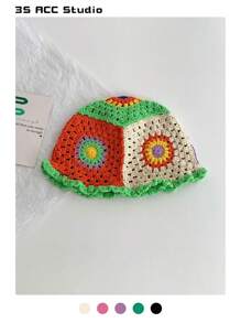 1 件手工钩编镂空撞色休闲渔夫帽，艺术小脸设计，适合女士冬季 - 彩色 - 查看 13