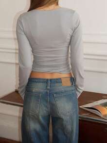 Y2k Ballet Pilates Wrap Top For Women Workout Yoga Dance Long Sleeve Wrap Shirt Deep V Neck Slim Fit Tie Front Going Out Crop Tops - 淺灰色 - 查看 7