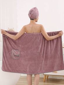 2 件女士简约贴花柔软舒适浴袍/浴帽套装，实用多功能浴巾 - 豆沙貼花裙套裝 - 查看 7