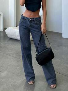 Neue beliebte europäisch-amerikanische Straßenmode, einfache täglich Pendelstil Lässig Straight-Cut Damenjeans mit niedriger Taille - Dunkle Waschung - Übersicht 2