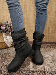 秋冬新款女式黑色保暖靴，时尚圆头软皮马靴，西式侧拉链靴 - 黑色 - 查看 4