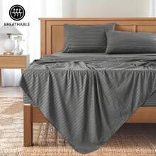 Lux Decor 4 Pc Stripe Bed Sheets High GSM Brushed Microfiber Sheets - Elevate Your Sleep Experience With Deep Pocket Bedding Sheets & Pillowcases-Graduation Gifts, Home Decor, Back-To-School Gift, Valentine's Day Bedroom, Spring Bedding Refresh, Guest Room Essentials, Dorm Room Bedding, Premium Bed Linens, Easy Care Sheets, Hypoallergenic Fabric, Year-Round Comfort, Master Bedroom Update, Matching Bedding Set, Hotel Quality Linens, Everyday Use, Classic Look, Home Basic - 深灰色 - 查看 10