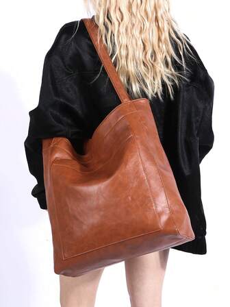 Large Capacity Tote Bag, Retro Style Faux Leather Handbag With Front Pocket For Work & Travel