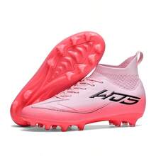 1 Pair Sports Style Anti-Slip Durable High-Top Football/Soccer Shoes, AG Studs Design, PU Leather Upper, Colorful, Rubber Outsole, Professional Match Shoes Suitable For Muddy, Short Grass Fields - Pink - View 2