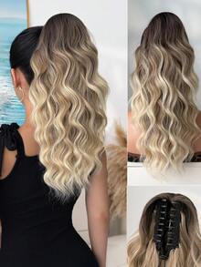 HEYPINK Tóc giả đuôi ngựa hình móng vuốt, màu nâu gradient, dài 18 inch, làm từ sợi tổng hợp chịu nhiệt, kiểu sóng nước, phù hợp cho các bữa tiệc và sử dụng hàng ngày của phụ nữ. - Màu nâu ombre - Xem 2