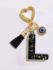1pc Black Initial Keychain, Black Tassel Pendant, Evil Eye Fashion Keychain, Alphabet Keychain Backpack Charm, Keychain For Women And Girls, Exquisite And Small, Fashionable And Simple, Wallet And Handbag Accessories, Tassel Keychain, Alphabet Initials A-Z, Suitable For Commuting, Studying, Vacation