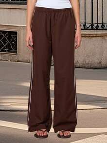 Women Wide Leg Pants Casual Side Stripe Elastic Waist Loose Trousers For Work Office Streetwear - 咖啡棕 - 查看 4