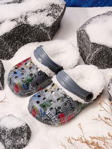 1 par de chinelos antiderrapantes para meninos, com estampa de letras, moda casual, confortável, forro térmico, adequados para o inverno