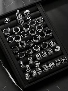 5/10/15/20/40/60pcs Set Stainless Steel Open Ring Assorted Styles Random Box, Including Snake Ring, Geometric Pattern Ring, Star Ring, Cross Ring, Essential For New Year, Valentine's Day Gift, Everyday Wear - Silver - View 2