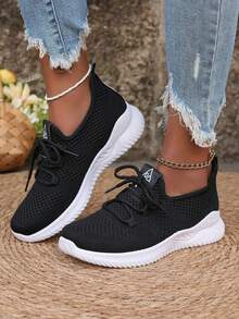 Women's Breathable Knit Slip- Shoes - Lightweight Low-Top Sneakers With Soft EVA/PVC Sole, All-Season Comfort For Walking, Jogging & Casual Wear - White, Ladies Sneakers, Round Toe Design, Cushioned Sole, Women - 黑色 - 查看 2