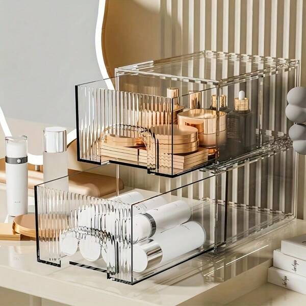 1/2 Stücke transparente stapelbare Aufbewahrungsschublade, Aufbewahrungsbox, Kosmetikorganizer, Badezimmer Organizer Regal, geeignet für Schminktisch, Spüle, Küchenschrank, Lebensmittelaufbewahrungsraum, Haushaltsorganisation