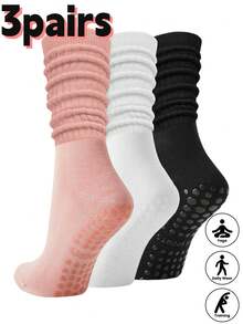 3 pares de meias femininas coloridas para ioga e dança, meias acolchoadas antiderrapantes, adequadas para pilates, ioga, balé, ginástica em ambientes fechados, hospital, uso em casa - Multicolorido - Ver 1