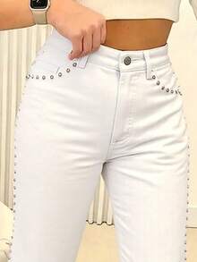 Women's Retro Loose Straight Leg Denim Pants Solid Color Washed Front Button Pocket With Rivets, Loose Wide Leg Jeans, Suitable For Daily Casual Wear - trắng - Xem 2