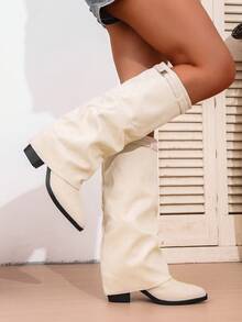 Women's Fashion Chunky Heel Over-The-Knee Boots, Pointed Toe Buckle Straight Tube Boots, Versatile For Autumn/Winter, Faux Suede White Thigh-High Slip-On Boots