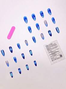 24 件/套法式杏仁形海洋风格 3D 闪光贝壳鳄鱼图案按压式假指甲美甲用品，包括 1 个果冻胶和 1 个指甲锉，非常适合女士和女孩度假、约会和日常佩戴 - 彩色 - 查看 3