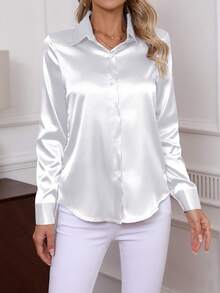 Women Elegant Turndown Collar Front Button Faux Silk Satin Long Sleeve Blouse, Solid Color, Suitable For Daily Commuting - trắng - Xem 3