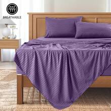 Lux Decor 4 Pc Stripe Bed Sheets, High GSM Brushed Microfiber Bedding Set With Deep Pocket Fitted Sheet & Pillowcases. Soft, Breathable, Hypoallergenic, Easy Care, And Wrinkle Resistant For Year-Round Comfort And A Classic Hotel-Quality Look. - 紫色 - 查看 10