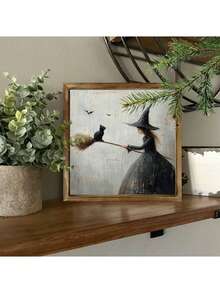 1/2 Stücke Halloween Hexe Holzrahmen Schild Tischdekoration Heim Wandbehang Herbst Büro Studentenwohnheim Feiertags Party Zubehör Geschenk