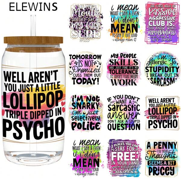 ELEWINS 12pcs Professional Grade UV DTF Cup Wraps For 16oz Tumblers - Funny Quotes Insulated Tumbler Wraps Permanent Scratch-Resistant Transfers For Glass & Mugs - Easy-Peel UV DTF Transfers For Smooth Surfaces - Fits 16oz Cups| Waterproof & Dishwasher Transfer Paper Craft Supplies( Without Mugs)
