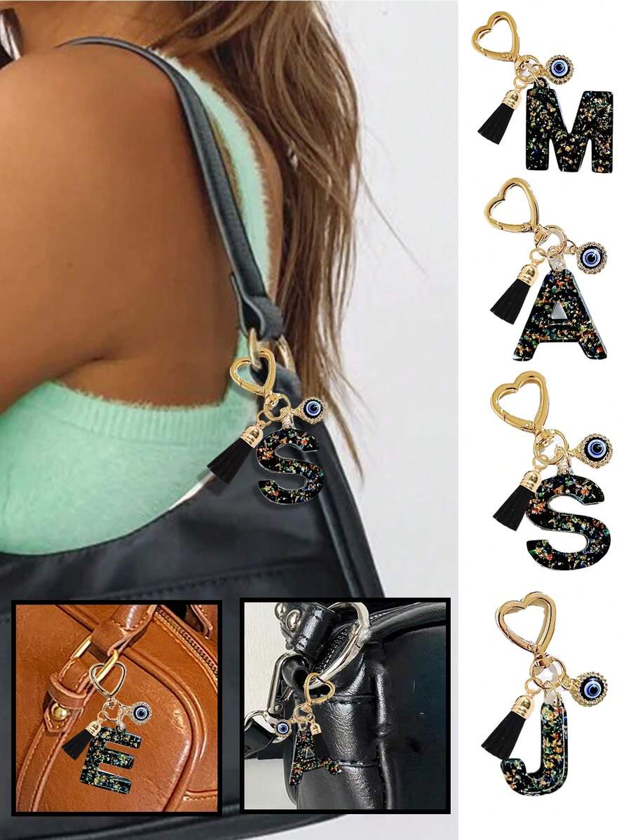 1pc Black Initial Keychain, Black Tassel Pendant, Evil Eye Fashion Keychain, Alphabet Keychain Backpack Charm, Keychain For Women And Girls, Exquisite And Small, Fashionable And Simple, Wallet And Handbag Accessories, Tassel Keychain, Alphabet Initials A-Z, Suitable For Commuting, Studying, Vacation