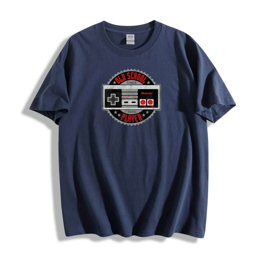 Women's Casual Round Neck Short Sleeve T-Shirt With Classic Game Controller Design Print - Màu xanh hải quân - Xem 1