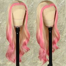 13X4 Free Part Black Green Highlights Body Wave Lace Front Wigs Pre Plucked Soft Long Wavy Hair Wigs Heat Resistant Wave Wigs Glueless Christmas Wig Long Wavy Synthetic Lace Front Wigs For Women Perfect For Daily Wear & Parties - 挑染粉色 - 查看 5