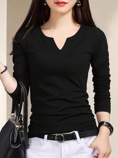 加大码黑色汗衫，V 领长袖 T 恤，2024 年春秋季新品