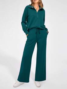 Women's 2 Piece Outfits Casual Lapel Half Zip Sweatshirts And Wide Leg Pants Tracksuit Sets - 藍綠色 - 查看 4