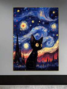 1 Bộ Tranh Đính Đá, Tranh Đính Đá Thủ Công DIY Trang Trí Tường, Bầu Trời Đầy Sao Mèo Đen - Nhiều màu - Xem 3