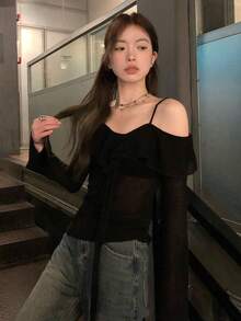 女式纯色长袖T恤，性感别致上衣 - 黑色 - 查看 5