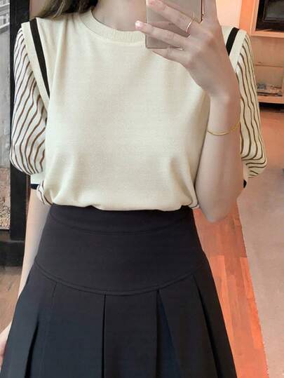 Áo thun tay ngắn dệt kim kẻ sọc thời trang dành cho nữ, Bộ sưu tập mùa hè mới