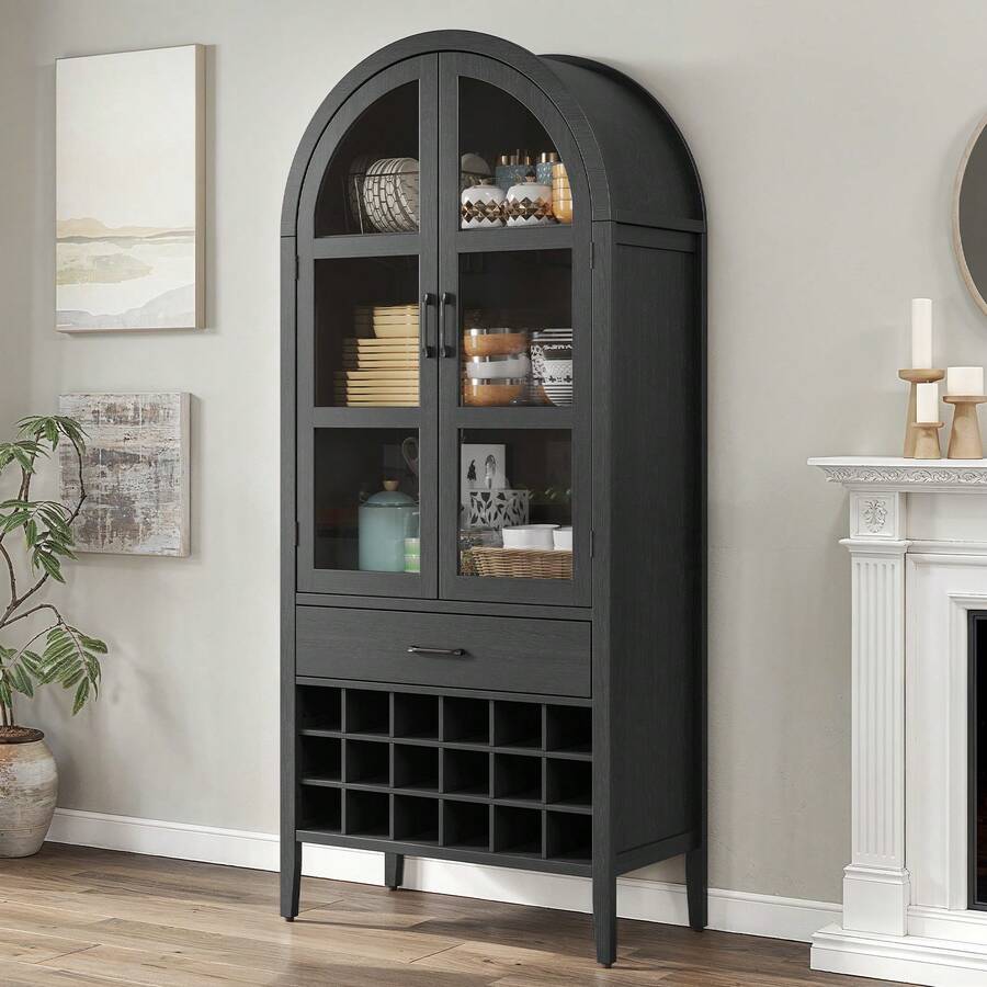 Wine Bar Cabinet, 71" Tall Arched Storage Cabinets With Door, Liquor Bar Cabinet, Whiskey Station With Wine Rack & Glass Holder,  Liquor Cabinet For Home