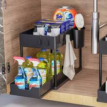 1set Under Sink Organizer, 2-Tier Sliding Cabinet Basket Organizer Drawers, Under Sink Organizers And Storage Bathroom Kitchen Cabinet Organizer With Hooks Cup The Bottom Drawers Can Be Slid Out, Kitchen Accessories, Home Decor, Party & Christmas Storage